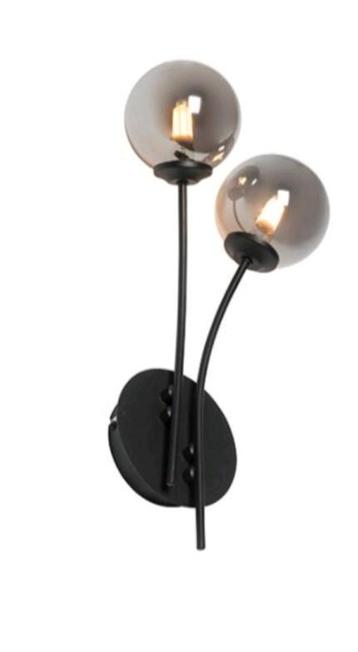 Moderne wandlamp zwart 2-lichts met smoke glas - Athens