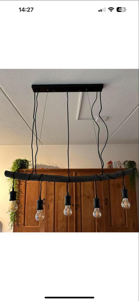 Stoere hanglamp met houten balk en 5 fittingen, Huis en Inrichting, Lampen | Hanglampen, Zo goed als nieuw, Minder dan 50 cm, Hout