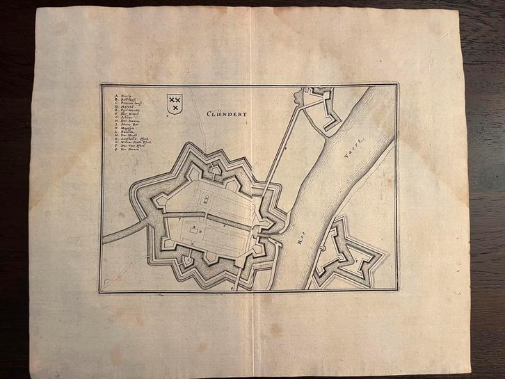 Antieke vestingkaart Klundert – Merian ca. 1660, Antiek en Kunst, Kunst | Etsen en Gravures, Ophalen of Verzenden