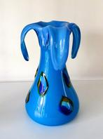 Glazen vaas turquoise opaline vier omgeslagen punten 6975-g, Ophalen of Verzenden