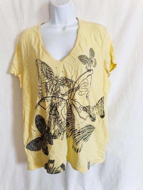 Leuk geel dames shirt, vlinders, strass. mt 48.Merk Taifun, Kleding | Dames, T-shirts, Zo goed als nieuw, Maat 46/48 (XL) of groter