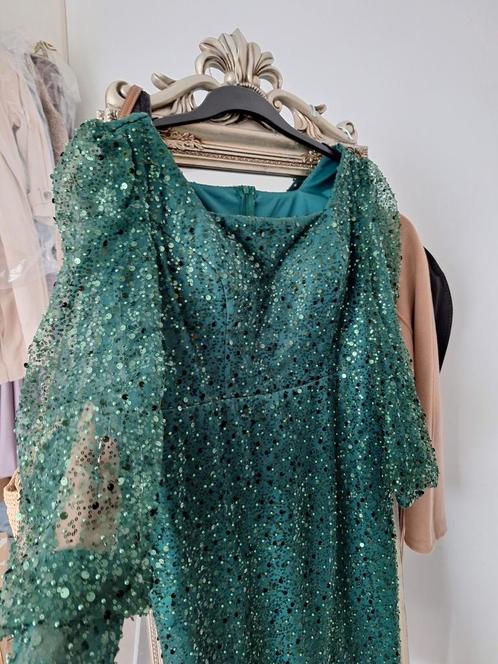 Midi feest jurk met pailletten in donker groen maat L, Kleding | Dames, Gelegenheidskleding, Zo goed als nieuw, Galajurk, Maat 38/40 (M)