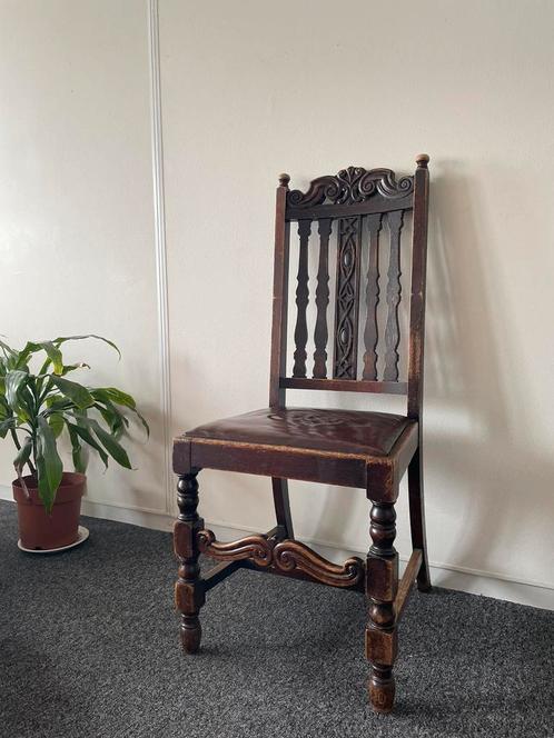 Set van 4 Antieke Eiken Eetkamerstoelen met Leren Zitting, Antiek en Kunst, Antiek | Meubels | Stoelen en Banken, Ophalen of Verzenden