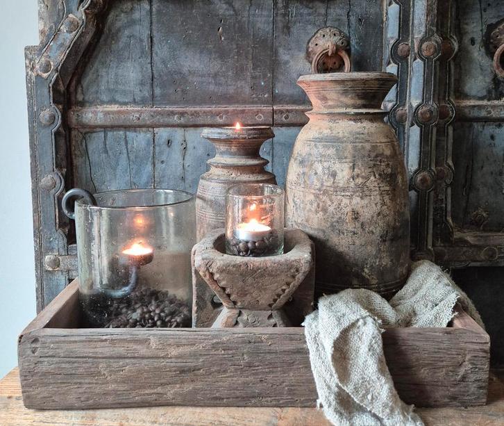 Houten dienblad, landelijke set, bubbelglas, nepalpot, sober, Huis en Inrichting, Woonaccessoires | Dienbladen, Nieuw, Hout, Rond