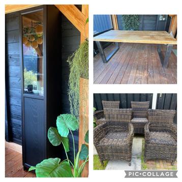 Meubels; kast, mangohouten tafel en diningstoelen beschikbaar voor biedingen