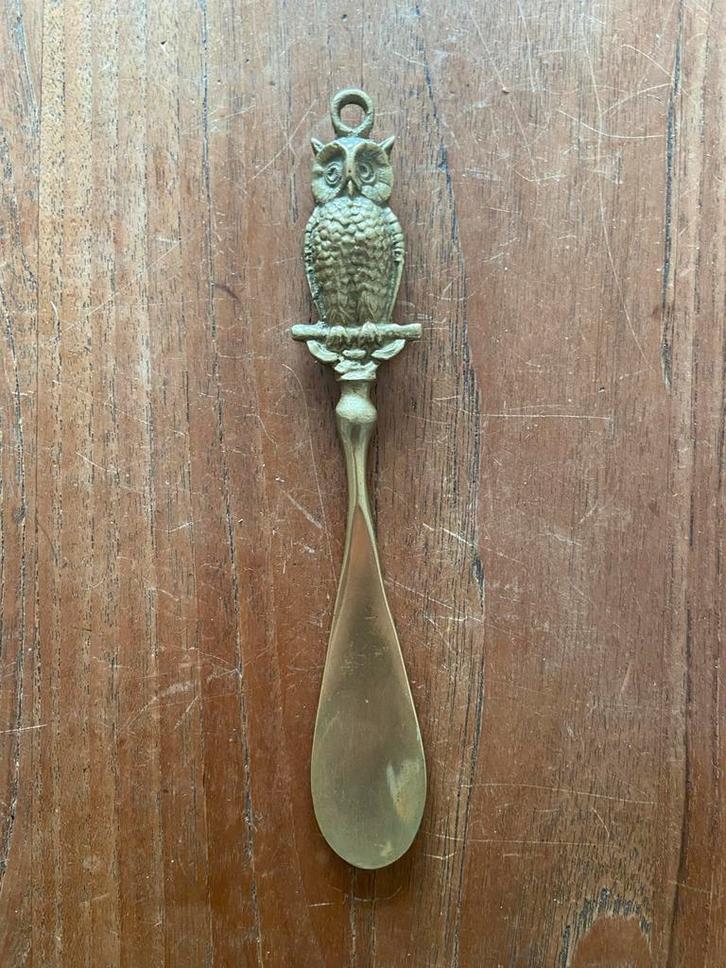 Vintage zware messing schoenlepel met uil, Antiek en Kunst, Antiek | Koper en Brons, Ophalen of Verzenden