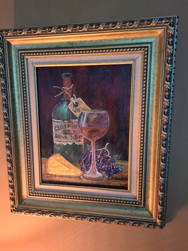 Schilderij stilleven wijn kaas tafereel met prachtig lijst., Huis en Inrichting, Woonaccessoires | Schilderijen, Tekeningen en Foto's