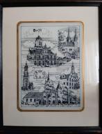 Delft, oude prent op glas, bruine houten lijst. afm., Minder dan 50 cm, Gebruikt, Verzenden, Minder dan 50 cm