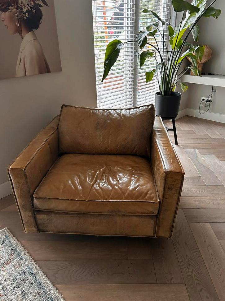 Leren fauteuil, Huis en Inrichting, Fauteuils, Zo goed als nieuw, Leer, 75 tot 100 cm, 75 tot 100 cm, Ophalen