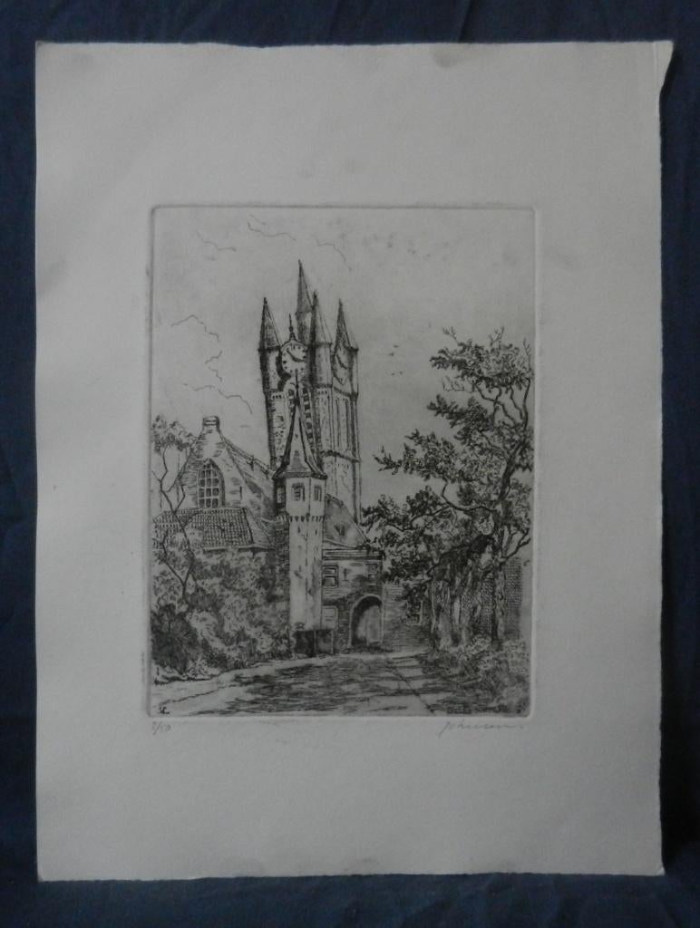 Ets Delft Prinsenhof en Scheve Jan Joop v. Leeuwen 19,5x14,8, Ophalen of Verzenden