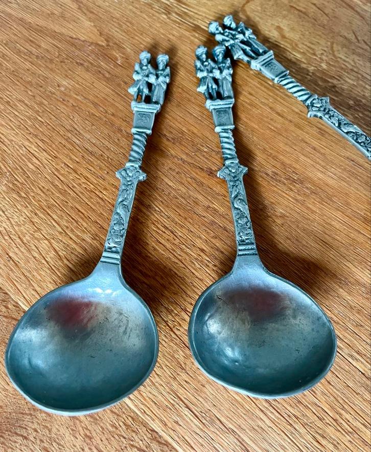 Tinnen Soeplepels met Bruidspaar - Set van 3, Antiek en Kunst, Antiek | Bestek, Ophalen of Verzenden