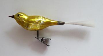Oude Kerstbal: Vogel 25 op knijper: goudgeel beschikbaar voor biedingen