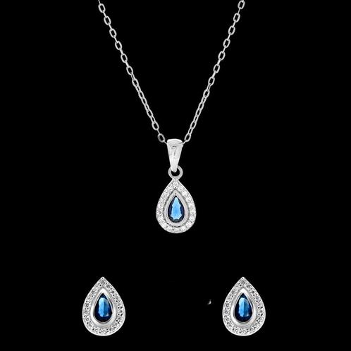 Lucardi zilveren oorbellen en ketting met blauwe zirkonia, Sieraden, Tassen en Uiterlijk, Oorbellen, Nieuw, Zilver, Blauw, Ophalen of Verzenden