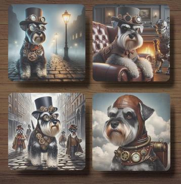 Schnauzer Steampunk onderzetters met houder beschikbaar voor biedingen