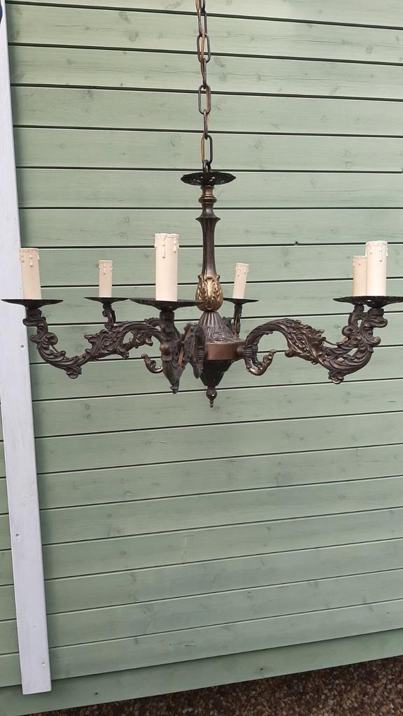 6 armige kroonluchter, zwaar Brons Antiek Vintage, Antiek en Kunst, Antiek | Lampen, Ophalen
