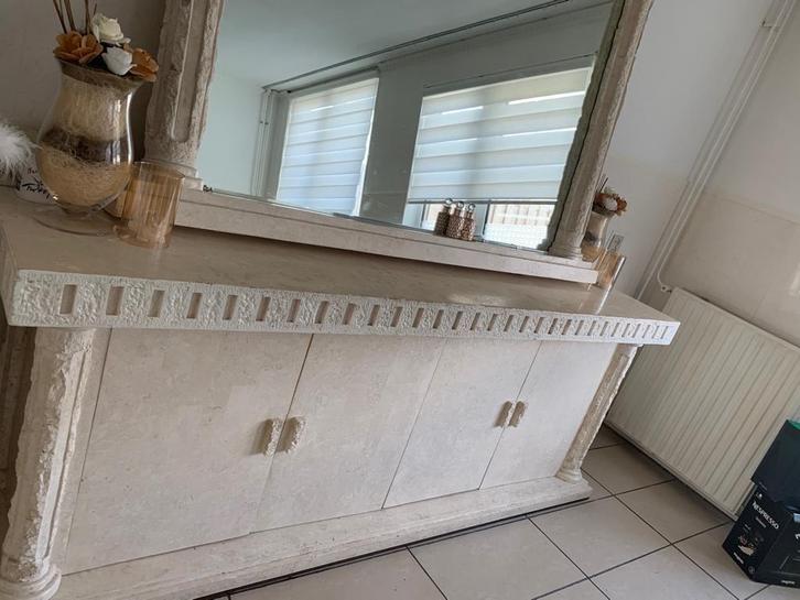 Stenen Fossielen Meubelset - Spiegel, Dressoir, Tafel, Huis en Inrichting, Kasten | Dressoirs, Gebruikt, 150 tot 200 cm, 50 tot 75 cm