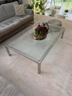 Glazen salontafel met metalen omlijsting 90x145, Huis en Inrichting, Tafels | Salontafels, Ophalen, Gebruikt, 100 tot 150 cm, 50 tot 100 cm