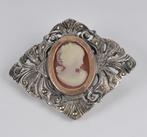 BROCHE 4,1x 3,5 cm, zilver en goud,  met Camee en Markasiet, Sieraden, Tassen en Uiterlijk, Antieke sieraden, Ophalen of Verzenden