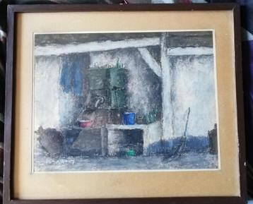 Interieur boerderij. Sign. Pastel. Circa 1920/1940.  beschikbaar voor biedingen