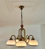 Kroonluchter met 5 lampenkappen + gratis wandlamp, Huis en Inrichting, Lampen | Kroonluchters, Ophalen, Gebruikt, Glas