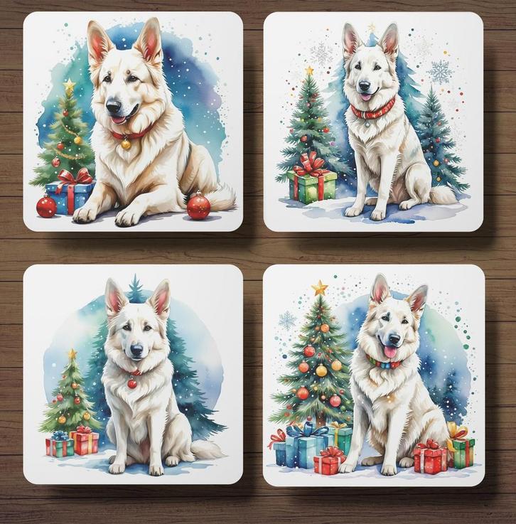 Zwitserse Witte Herder Kerst onderzetters met houder, Huis en Inrichting, Woonaccessoires | Onderzetters, Nieuw, Glas of Kopje