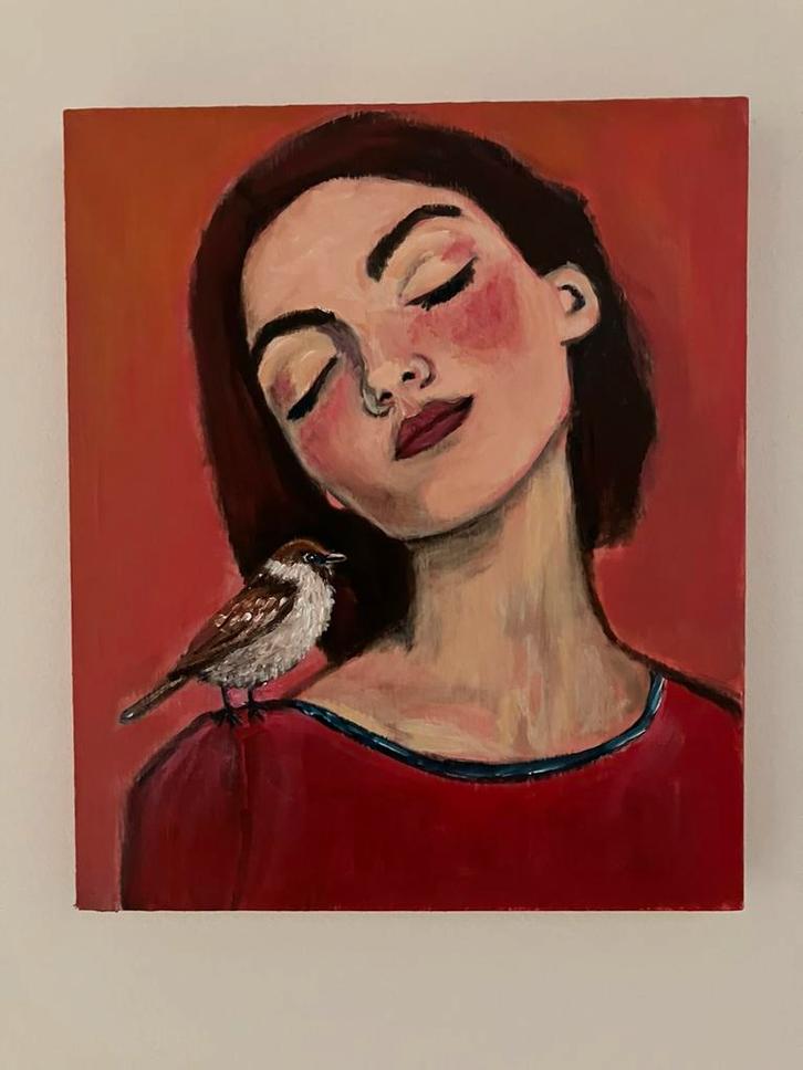 Schilderij dame en vogel, Antiek en Kunst, Kunst | Schilderijen | Modern, Ophalen of Verzenden