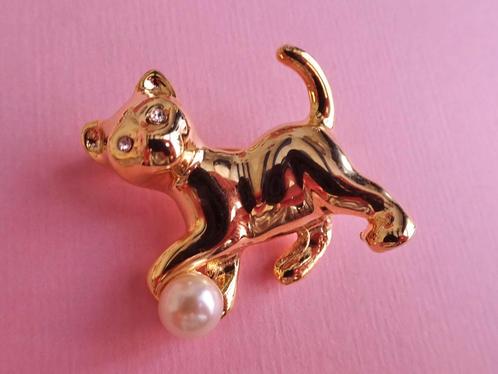 jwg Vintage 70s 80s kat katten broche goud verguld parel wit, Sieraden, Tassen en Uiterlijk, Antieke sieraden, Broche, Overige materialen