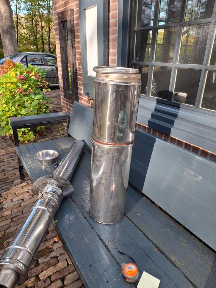 Dubbelwandige Rookkanalen +dakdoorvoer, Doe-het-zelf en Verbouw, Buizen en Afvoer, Zo goed als nieuw, Rvs, Minder dan 2 meter