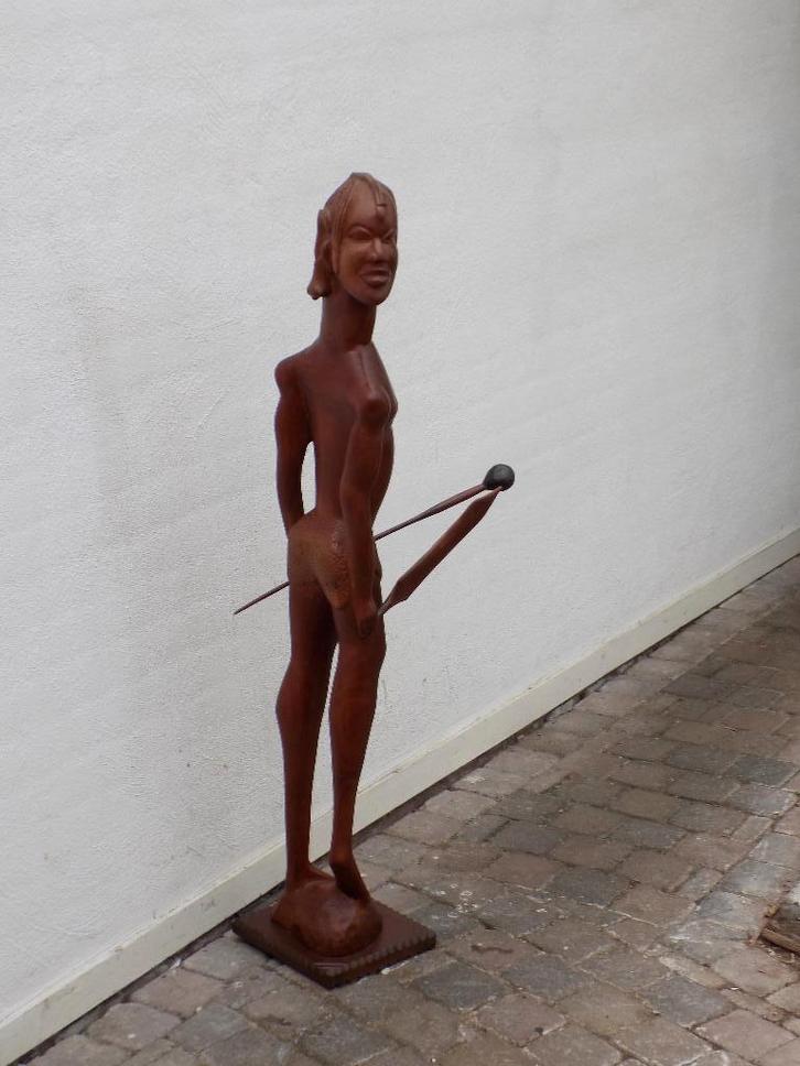 Beeld sculptuur teak hout groot xxl afrikaans krijger, Huis en Inrichting, Woonaccessoires | Overige, Gebruikt, Ophalen