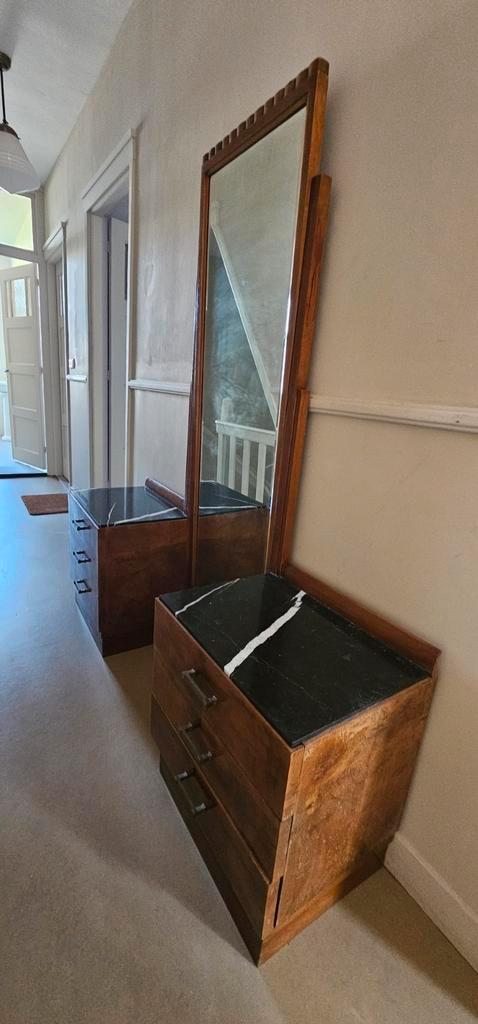Art deco / antieke / vintage kaptafel met marmer, Huis en Inrichting, Tafels | Kaptafels, Gebruikt, Hout, Ophalen