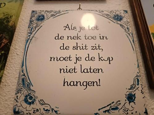 Wandtegel met spreuk - Kop op!, Antiek en Kunst, Antiek | Wandborden en Tegels, Ophalen of Verzenden