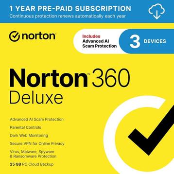 Norton 360 de luxe 25gb NL 1 user voor 3 Apparaten beschikbaar voor biedingen