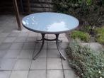 metalen tuintafel met glasplaat, hoogte 74cm, diameter 105cm, Tuin en Terras, Tuintafels, Ophalen of Verzenden, Gebruikt, Rond