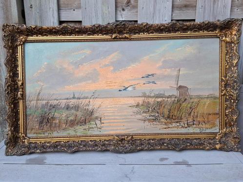 Olieverfschilderij op doek (92 x 52 cm) Hollands Landschap, Antiek en Kunst, Kunst | Schilderijen | Klassiek, Ophalen