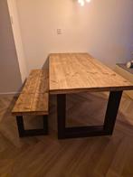 Massief houten eettafel met bankje – stalen U-poten, Ophalen, Gebruikt, 100 tot 150 cm, 150 tot 200 cm