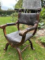 Antieke dagobert stoel / ridderstoel hout en leer, Ophalen