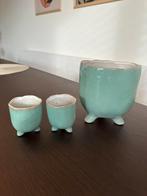 3 groene plantenpotjes, Tuin en Terras, Bloempotten, Ophalen, Rond, Zo goed als nieuw, Aardewerk