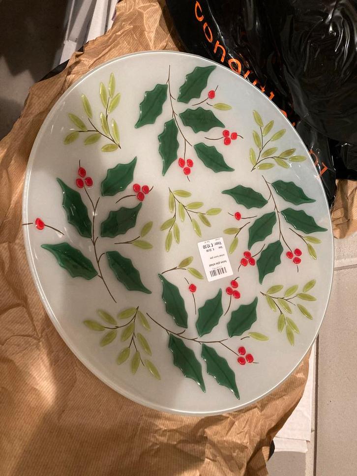 Kerstschalen met hulstmotief, Huis en Inrichting, Woonaccessoires | Schalen en Manden, Nieuw, Schaal, Rond, Glas, Ophalen of Verzenden