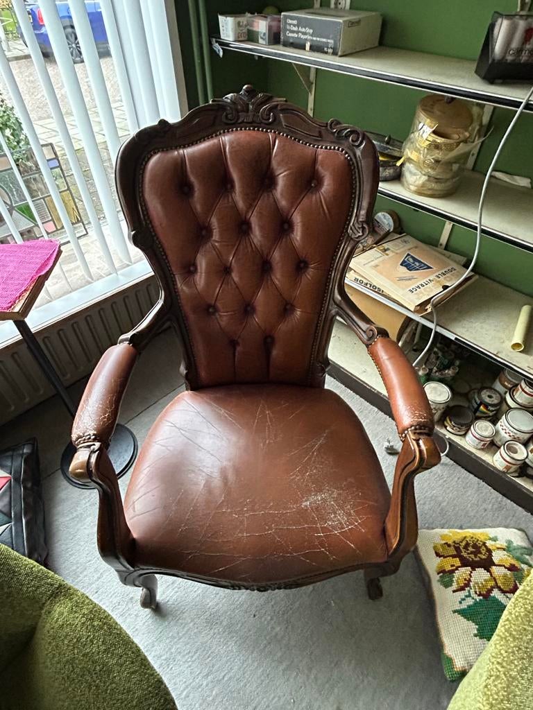 Vintage fauteuil met bruin leer, Ophalen