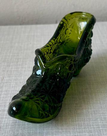 Vintage fenton groen glazen schoen muiltje met hak beschikbaar voor biedingen