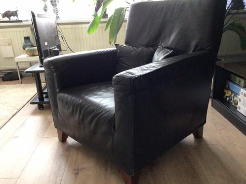 Twee zwartleren fauteuils, merk LABEL, Huis en Inrichting, Fauteuils, Gebruikt, 75 tot 100 cm, Ophalen