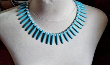Prachtig Unieke Ketting Turkoois Witte Parels Tribale Stijl beschikbaar voor biedingen