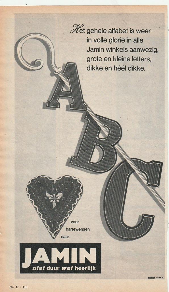 Retro reclame 1966 Jamin Sinterklaas chocolade letters & har, Verzamelen, Retro, Overige typen, Verzenden