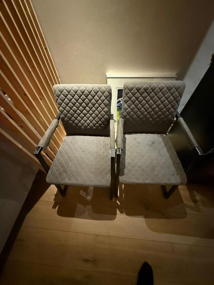 6 Gebruikte eetkamerstoelen - Opknapper!, Huis en Inrichting, Stoelen, Gebruikt, Vijf, Zes of meer stoelen, Stof, Grijs, Ophalen