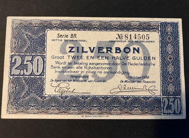 2 1/2 gulden Zilverbon uit 1938, Postzegels en Munten, Bankbiljetten | Nederland, 1 gulden, Ophalen of Verzenden