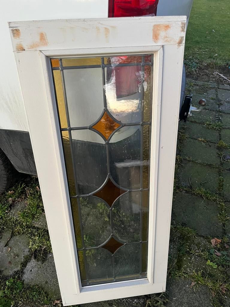 2 hardhouten ramen met geïsoleerd glas in lood van 46,5x108, Ophalen, Gevelraam of Ruit, 80 tot 120 cm, Zo goed als nieuw
