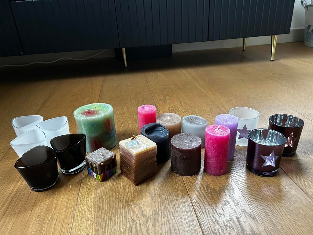 Set kaarsen,waxinehouders, Crea scents, Geurolie paars groen, Ophalen, Zo goed als nieuw, Overige kleuren, Kandelaar