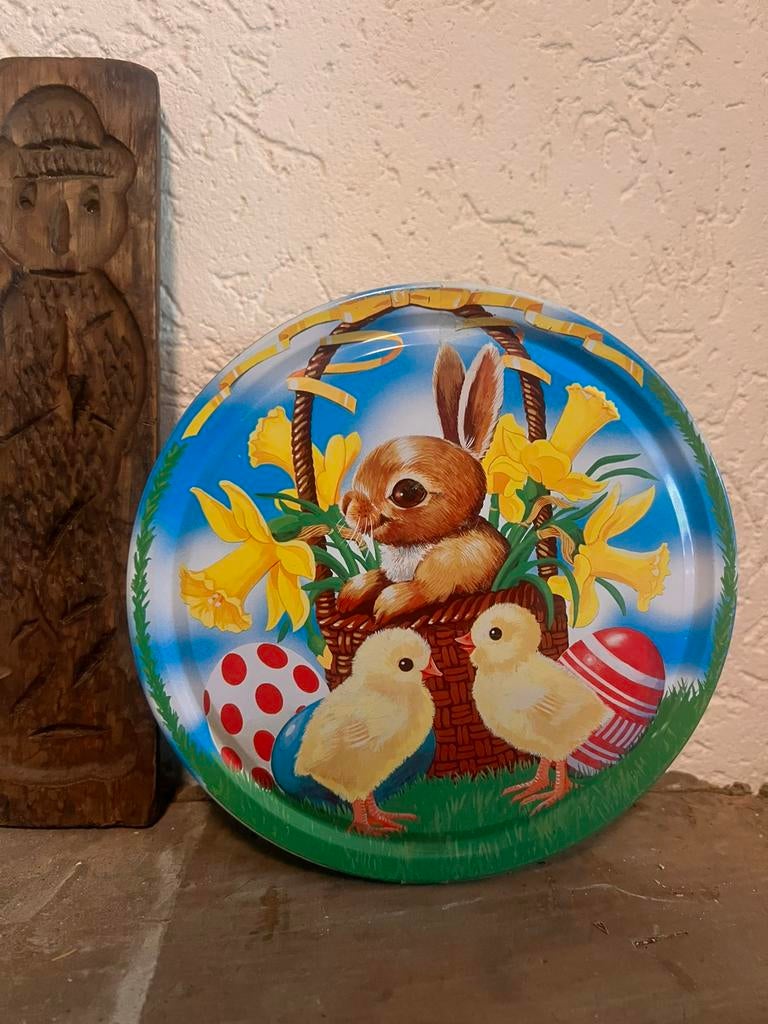 Vintage blik paasblik paashaas kuikens pasen oud koektrommel, Ophalen of Verzenden, Zo goed als nieuw, Overige