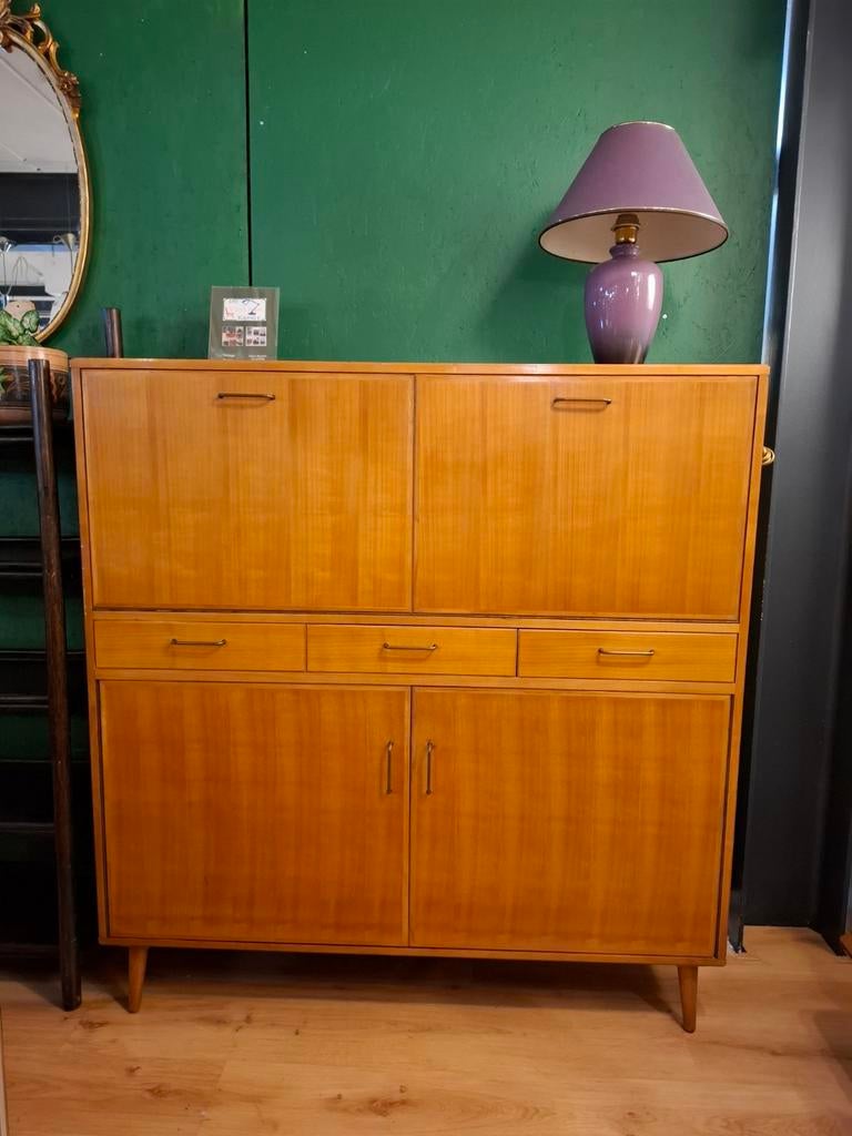 Vintage highboard wandkast licht teak mid century kast, .., 100 tot 150 cm, Zo goed als nieuw, Minder dan 150 cm