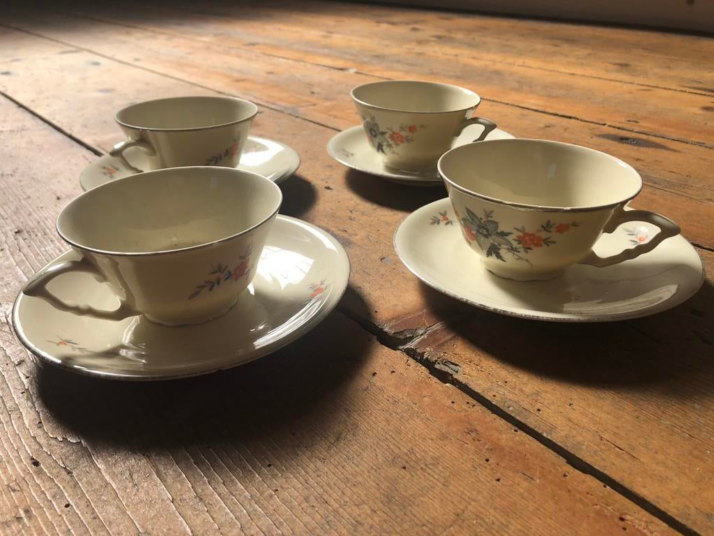 4 brocante kop en schotels, Ophalen of Verzenden